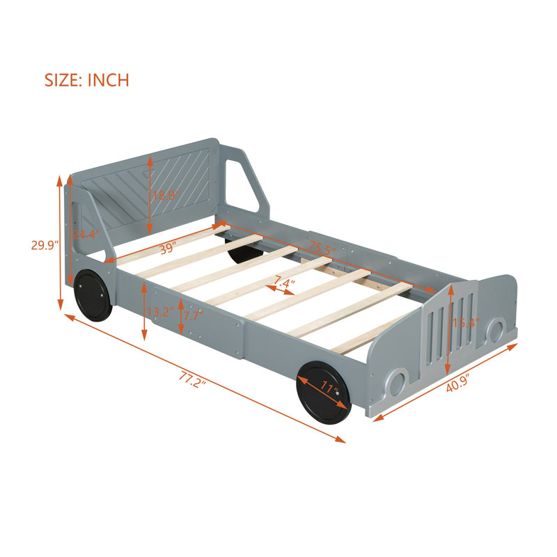 Lit plateforme simple en forme de voiture avec roulettes, gris, Gris, Lit simple