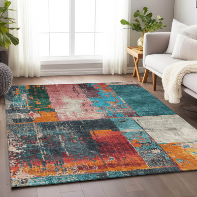 Machine Washable Indoor/Outdoor Xhevrie Teal Rug