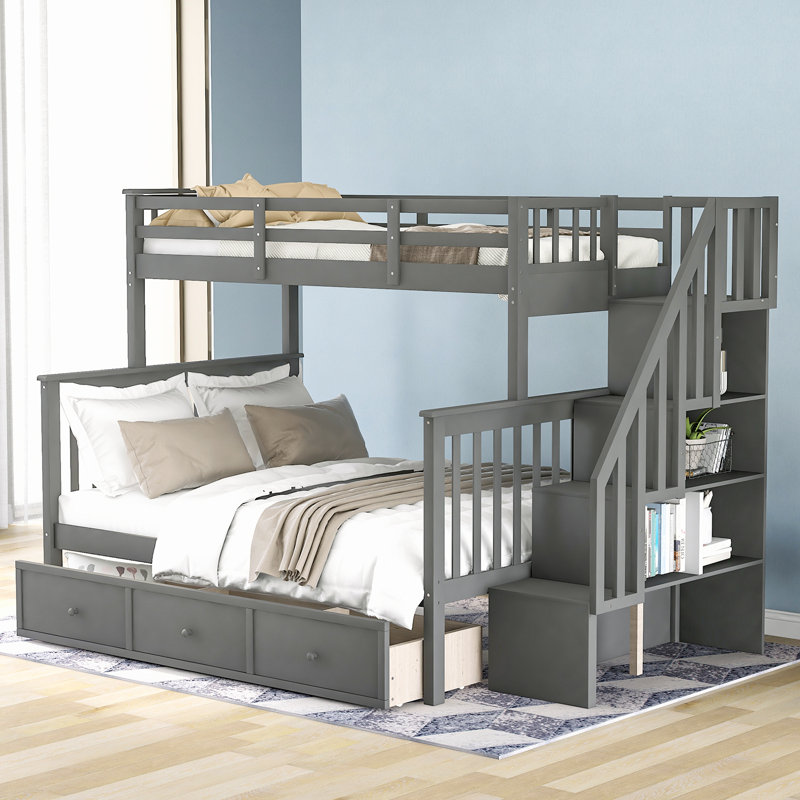 Mercedes Twin Over Full 3-Drawer Standard Bunk Bed with Storage Stairs by Three Posts™ Baby & Kids, Gray