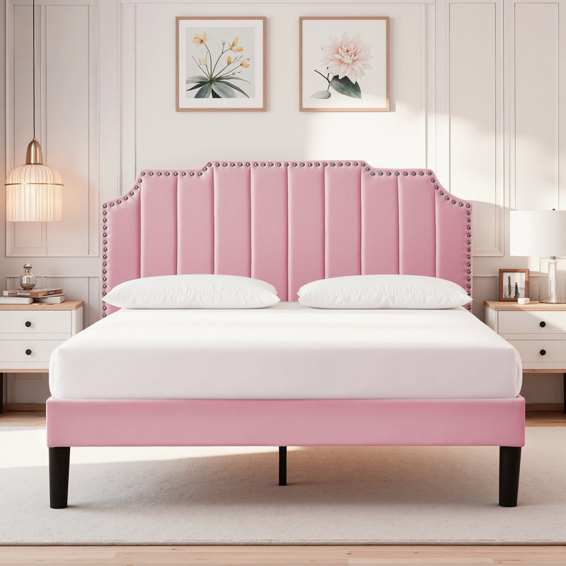 Full Size Pink Velvet Platform Bed with Nailhead Trim Headboard, Upholstered Bed Frame No Box Spring Needed, Modern Blush Pink Bed for Bedroom