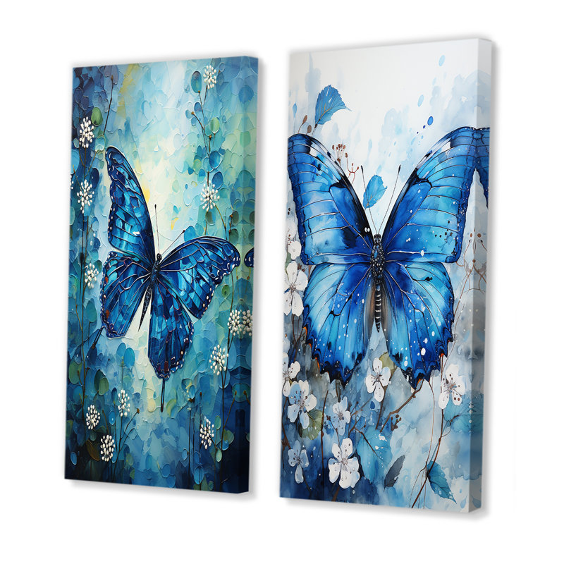Ensemble de 2 décorations murales Butterfly Sapphire Flutter, H 28 po x l 25 po, Toile tendue