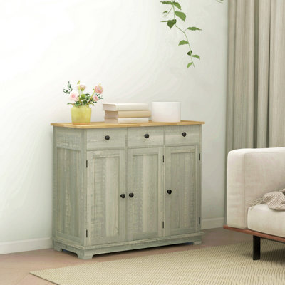 Sideboard With Solid Wood Countertop, Modern Kitchen Storage Cabinet, Coffee Bar Cabinet With 3 Drawers, Doors And Adjustable Shelf
