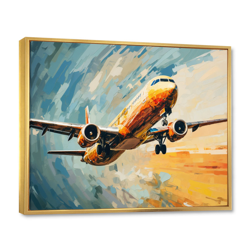 Avion bleu sarcelle sous un nuage abstrait sur toile, H 24 po x l 32 po x P 1 po, Cadre flottant doré