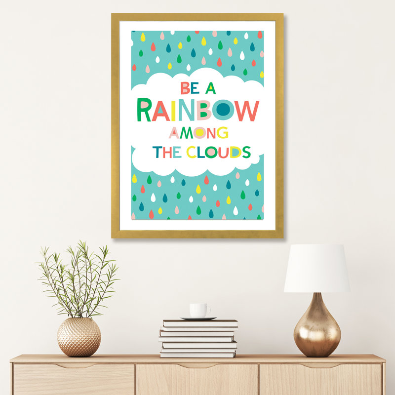 «Be a rainbow» par Alison Tauber - impression d'art textuel, H 32 po x l 24 po x P 1 po, Papier encadré doré, Blanc
