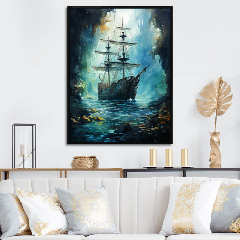 " Sirens Song Pirate Boat ", 20" H x 12" W x 1" D, Black Floater Framed