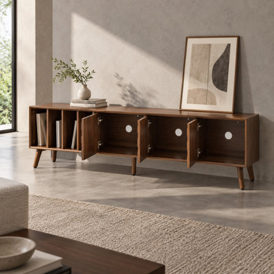 Console multimédia en noyer de 175 cm (68,94 pouces) avec 3 armoires et 4 tablettes ouvertes pour le salon