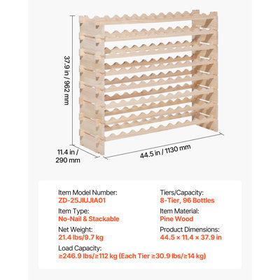 96 Bottle Stackable Modular Wine Rack, 8-Tier Wine Bottle Holder, Solid Wood Floor Freestanding Wine Storage Rack For Pinot Noir bottles, Cellar, and Bar, Natural, Designed for Kitchen