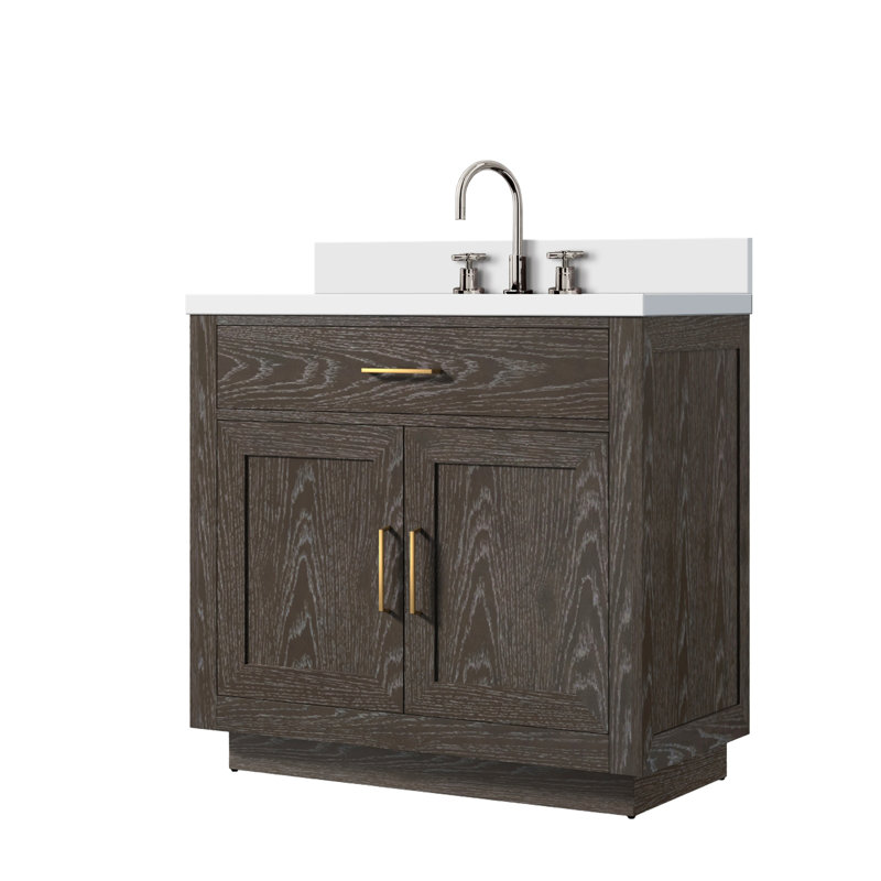 Meuble-lavabo simple en chêne 36 po X P 22 po D, plateau en marbre de culture et robinet, Brun, Doré