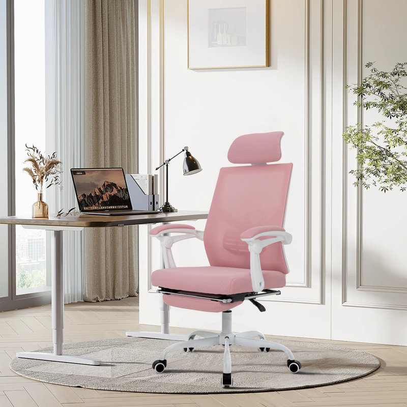 Makynlei High Back Ergonomic Mesh Office Chair with Adjustable Lumbar Support, Footrest and Headrest, Pink