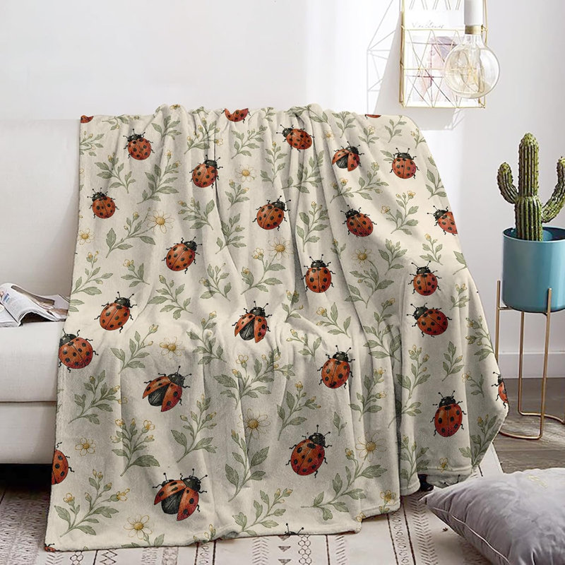 Couverture en flanelle à motif floral botanique et insectes, 101,6 x 127 cm (40 x 50 po), motif coccinelles, 101,6 x 127 cm (40 x 50 po).