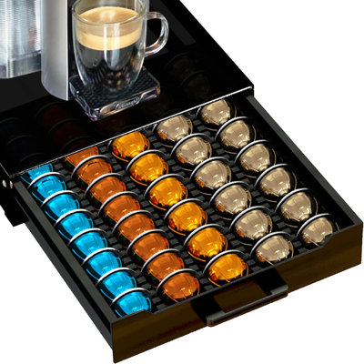Vertuo Pod Holder Drawer, Nespresso Pod Organizer with Black Tempered Glass Top,Smooth Pull-Out Drawer,Compact Design