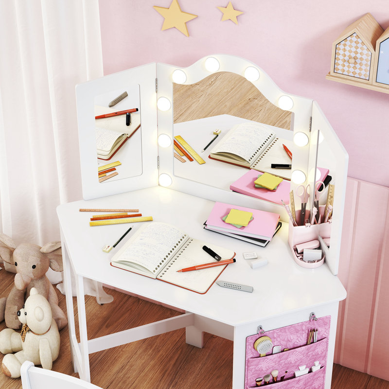 AIYAPLAY Kids Dressing Table and Stool Set with 2-Colour LED Lights White
