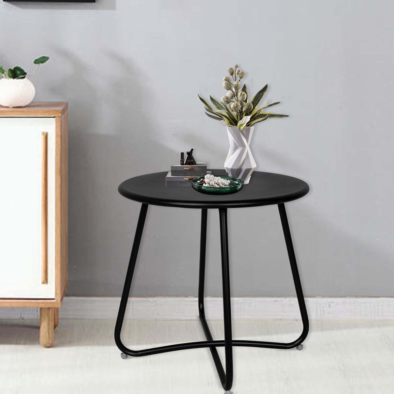 Hofitlead Black Outdoor Side Table, Waterproof Metal End Table, Small Round Patio Table For Garden, Balcony & Yard, Black