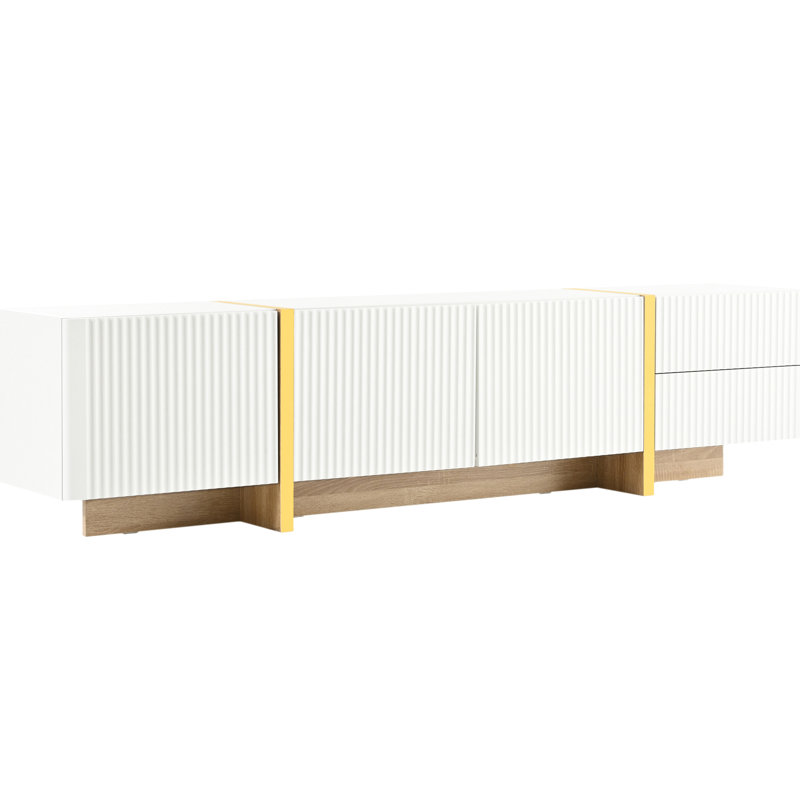 Tv Stand For 80" Tvs, White With Fluted Panels And Golden Legs Console Appearance: Living Room, White, Legs, Storage Options