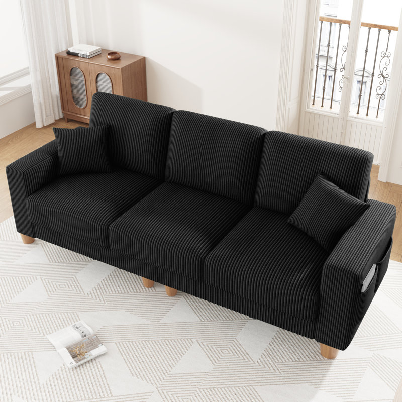 Oversize Sofa 256cm Corduroy Sofa with 3 Seats, No Tool Assembly,Solid Wood Frame and Solid Wood Legs, Black