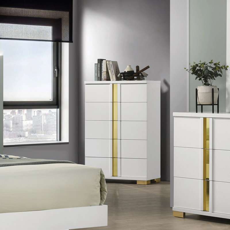 Commode 5 tiroirs Clemson, Blanc / Doré