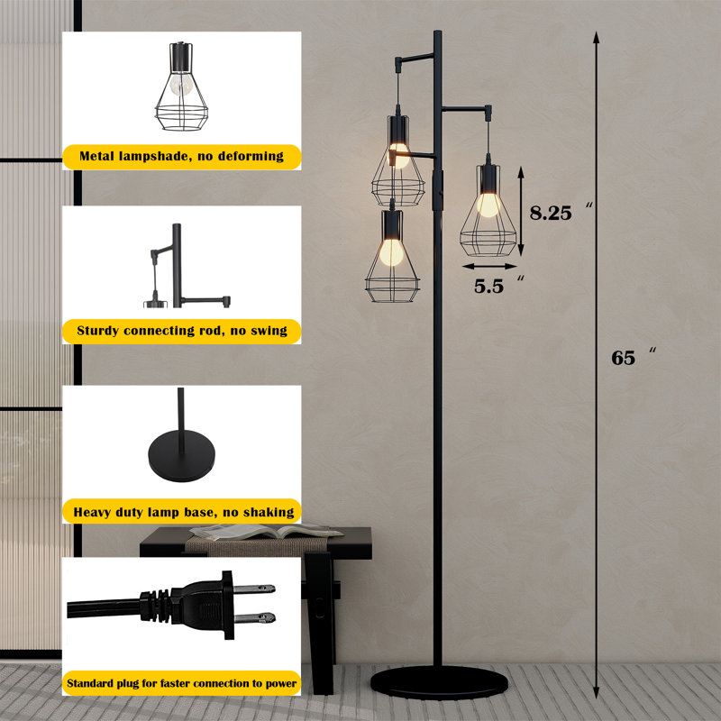 Asiel 65'' Dimmable Black Industrial Tree Floor Lamp with 3 Bulbs Included