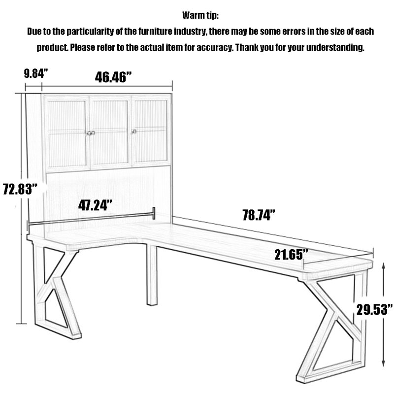 All solid wood L-shaped desk/computer desk-bookcase combo, 72.83" H x 78.74" W x 47.24" D
