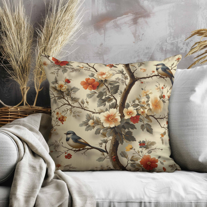 Coussin en suède deux oiseaux et fleurs, Beige, Carré 26 po