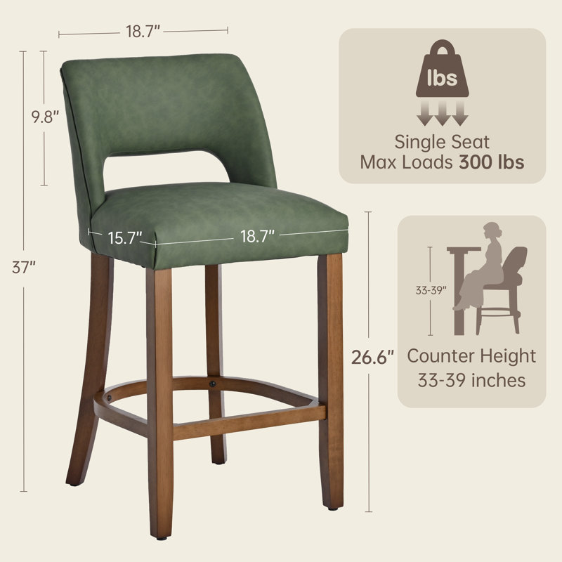Tabourets de bar modernes en similicuir, hauteur du comptoir, pieds en bois massif, ensemble de 6, Vert, 6