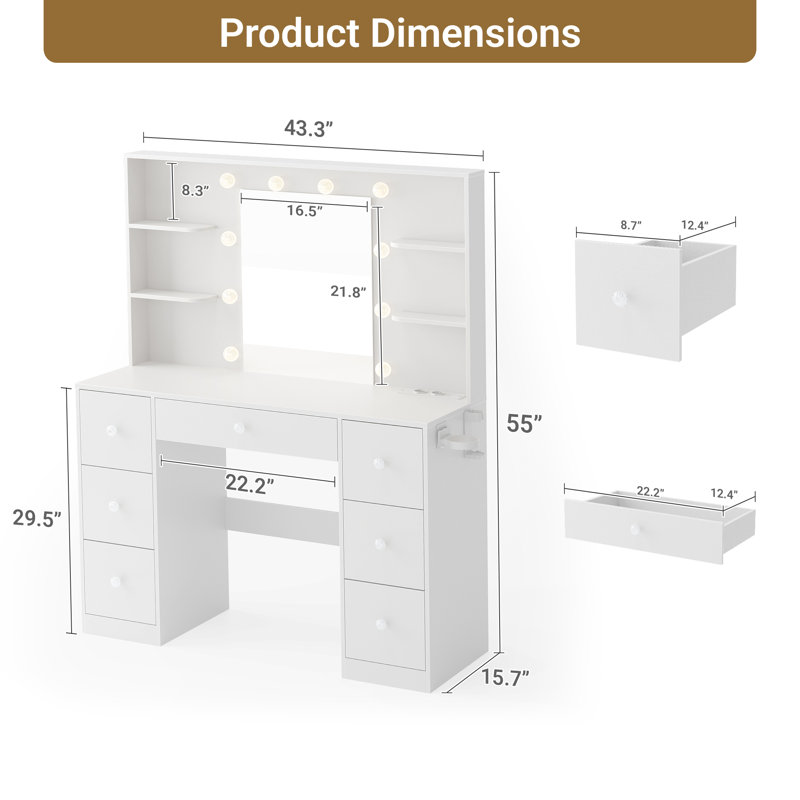 Coiffeuse Hollywood avec lumières DEL et centrale électrique - Table de maquillage blanche avec 7 tiroirs, 4 tablettes ouvertes et support pour sèche-cheveux