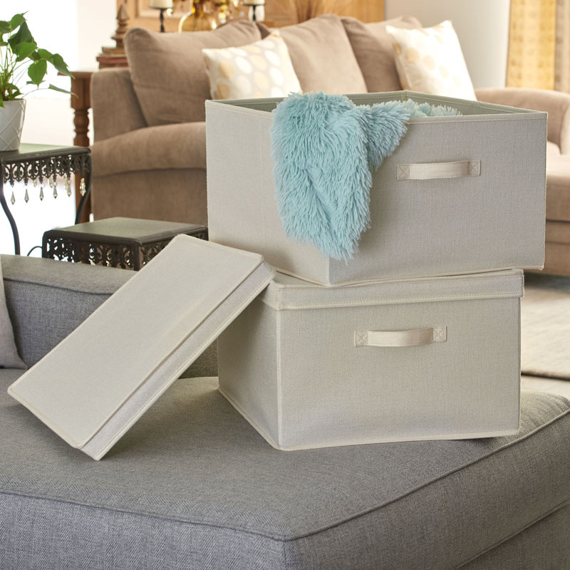 Storage Bins with Lids and Chromed Grommet Handles Light, 6" H x 10" W x 11" D, Cream