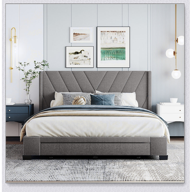 Lit plateforme tapissier avec rangement et 3 tiroirs, Gris