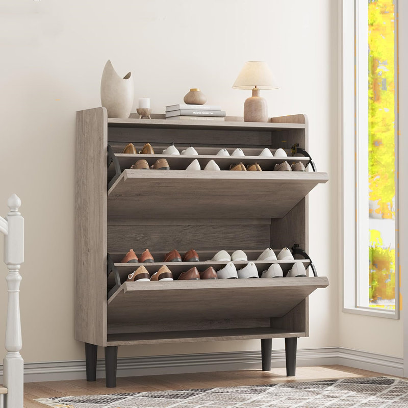 16 Pair Shoe Storage Cabinet, Grey Wood