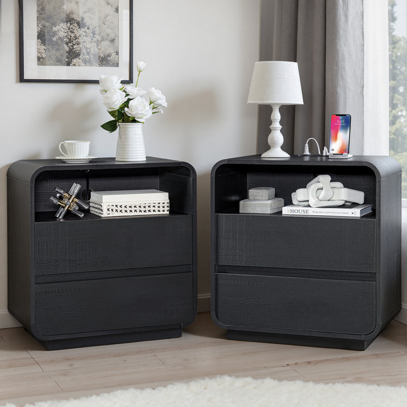Ensemble de chambre à coucher 3 pièces courbée noire avec station de charge, Black, 3 Pcs: Dresser, 2 Nightstands