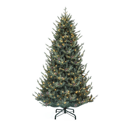 Pre-Lit Green Spruce Christmas Tree With Adjustable Lighting And Pinecones