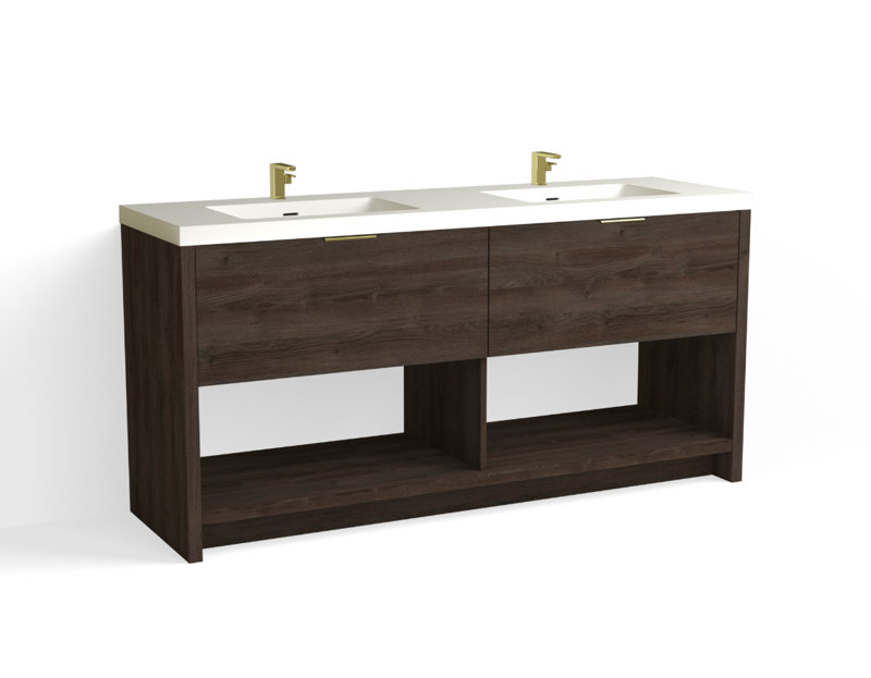 Vista 72" W Freestanding Double Bathroom Vanity, Nocino/Satin Brass, Single-Hole, White Matte