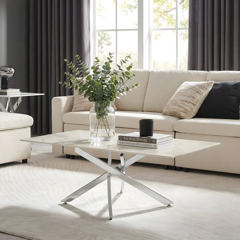 Table basse en verre trempé de 47 po x P 23,6 po x H 16,5 po - Argent / Blanc