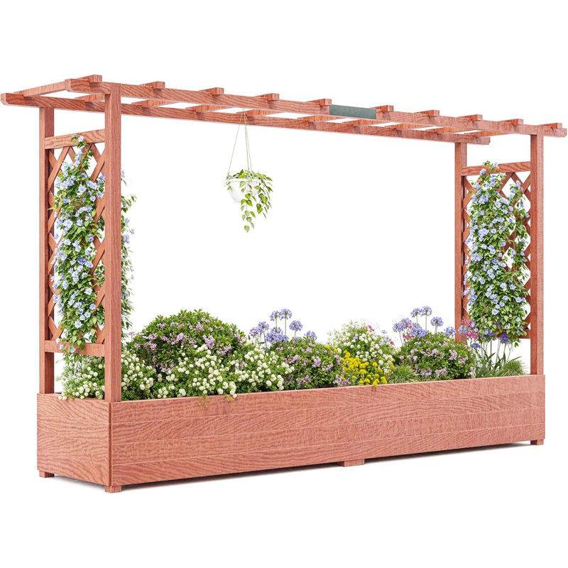 Wooden Elevated Garden Planter With Trellis, 44.88" H x 78.94" W x 17.32" D