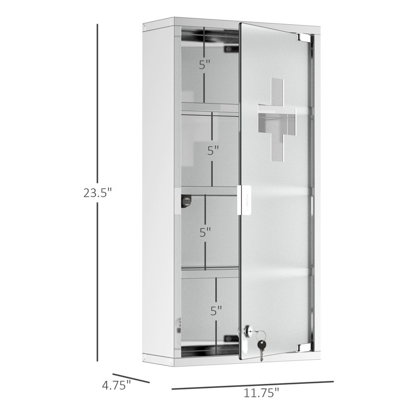 Boîte à pharmacie verrouillable, acier inoxydable, tablettes à 4 niveaux, 12 po x 24 po, tablettes murales argentées verrouillables, argent