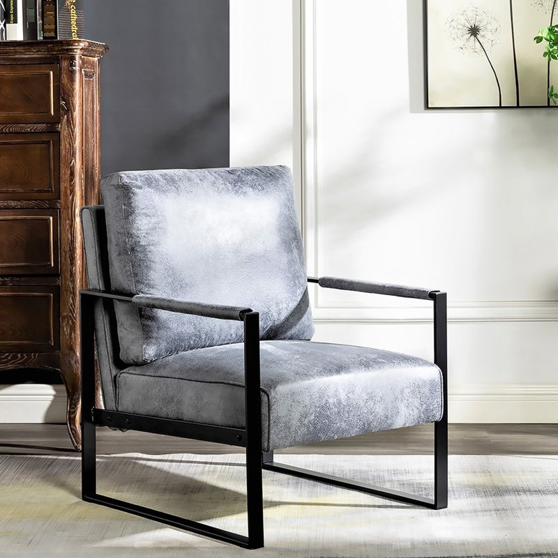 Chaise d'appoint en microfibre tachetée grise avec coussin de siège rembourré et épais, conception Mid-Century moderne pour siège de bureau en métal renforcé, espaces de vie convenables