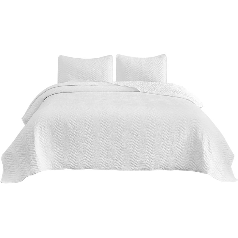White Queen Reversible Microfiber Quilt Set with Chevron Stitch