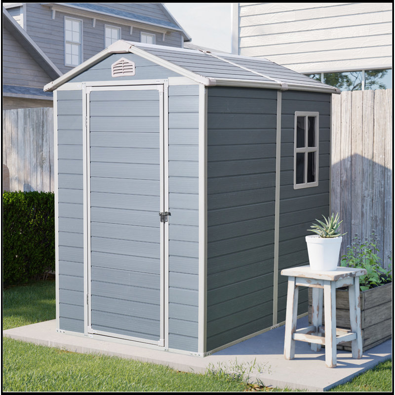 Remise de rangement extérieure en résine 4 x 6 pi avec plancher et portes verrouillables pour patio, cour, pelouse, gris