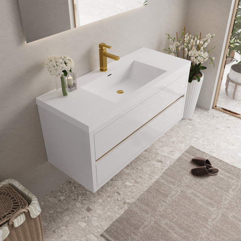 Meuble-lavabo mural 48 po avec lavabo en résine et comptoir, Blanc