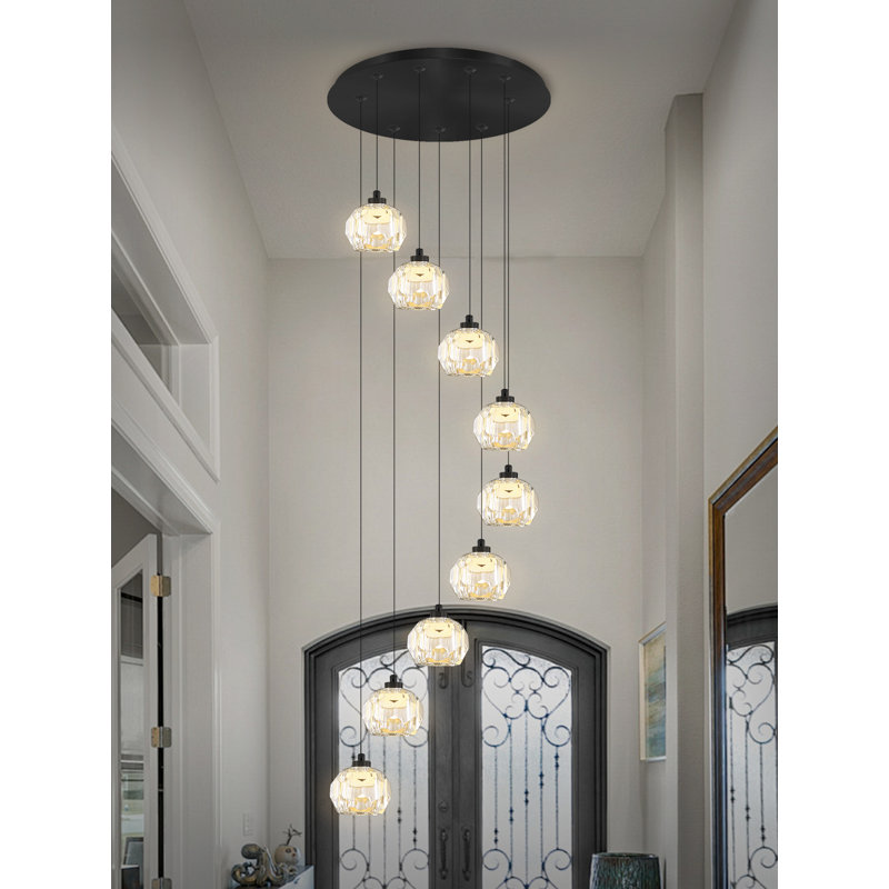 D20''x H100'',9-Light Black Modern  Integrated LED crystal Chandelier  High Ceiling Compatible Adjustable Heigh Large Pendant  for Living Room Bedroom, Dining Room Chandelier Over Table
