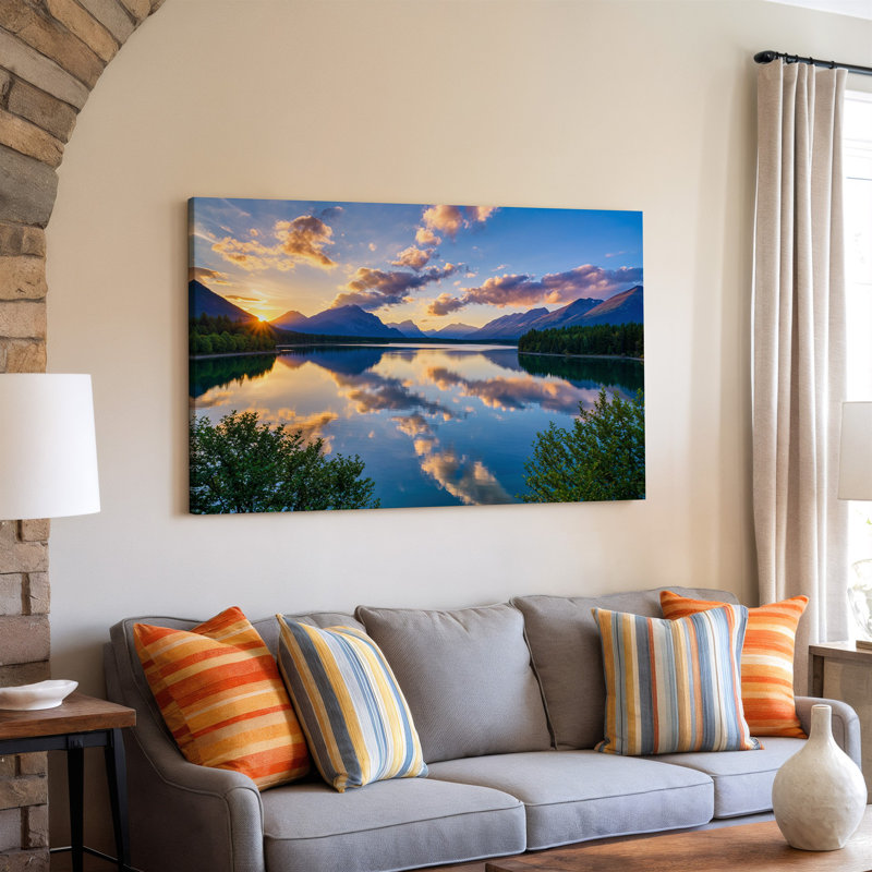 Toile, "Un paysage serein au lever du soleil", art mural reflétant un lac tranquille, H 30 po x l 40 po