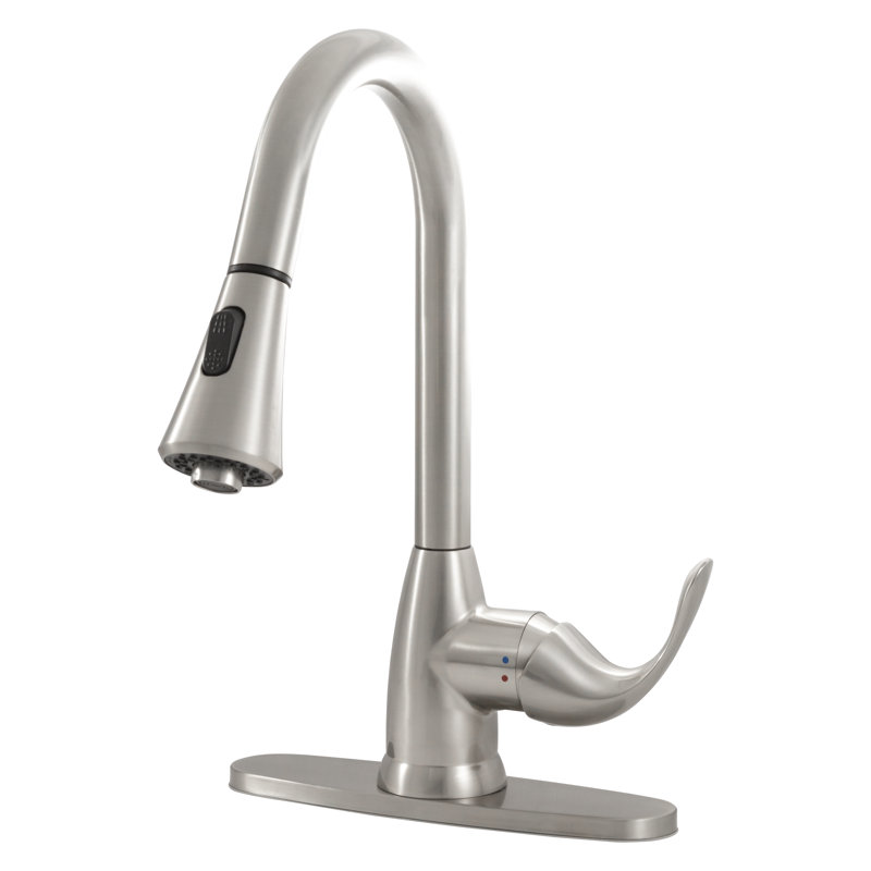 Robinet de cuisine à bec rétractable à poignée simple avec plaque de pont en nickel brossé 8 po FlowCurve
