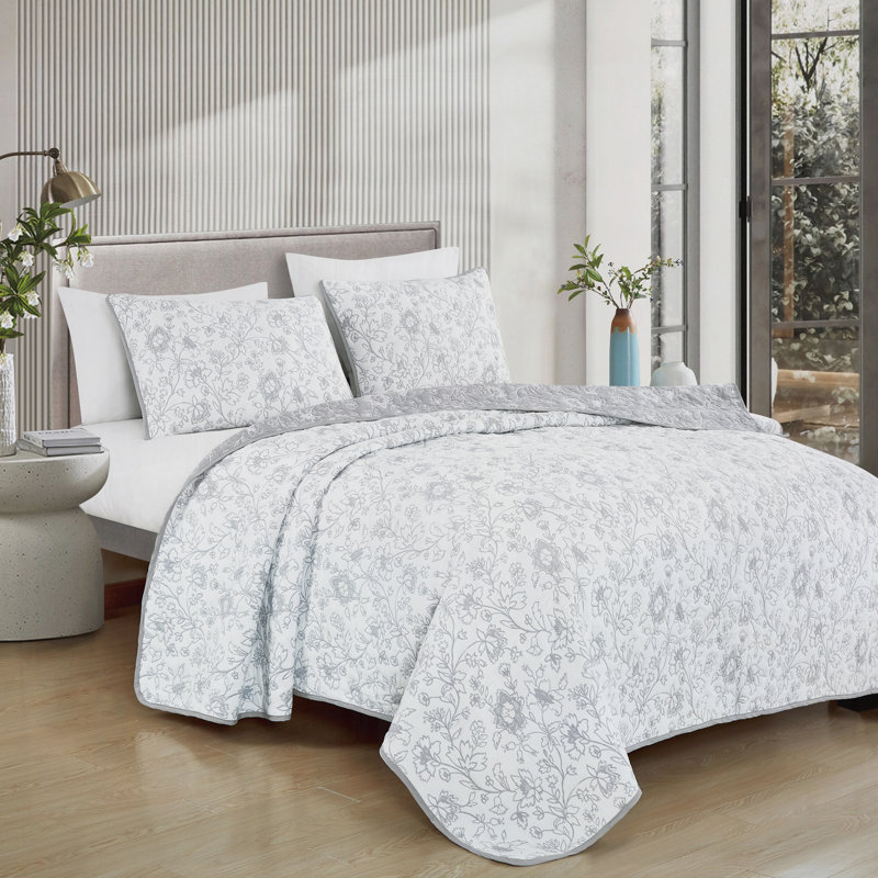 Ensemble de couvre-lit matelassé 3 pièces réversible à motif floral en polycoton gris clair, grand, Motif floraux gris