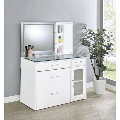 Kerr White High Gloss 2-drawer Makeup Vanity Table with Mirror and Stool