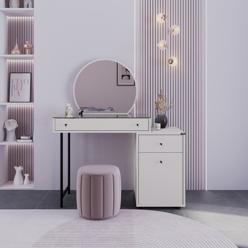 Modern Make-Up Table with Metal Legs & Tempered Glass, 42.5 x 52.4 x 18.5 inches | Coated Particle Board, Wall-Mountable Design with Numerous Shelves | Stylish & Functional for Beauty Spaces
