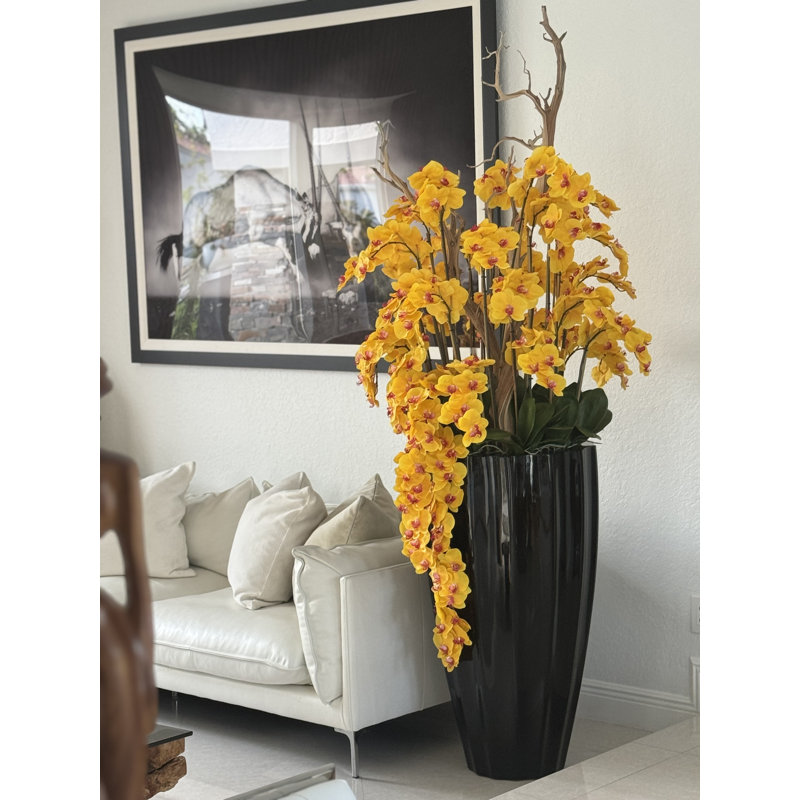 San Jose Planter In Glossy With Cascading Orchids, Black, Yellow