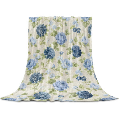 Jeté à motif floral bleu rétro pour canapé, couverture en flanelle légère et douce en flanelle Hydrangea Botanical, couvertures en microfibre toutes saisons pour canapé-lit, 40 x 50 po
