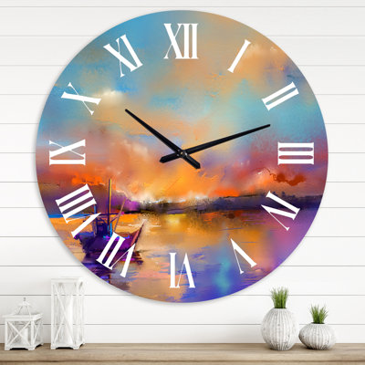 Mauve coucher de soleil avec petit bateau à l'horizon Horizon I - horloge murale moderne