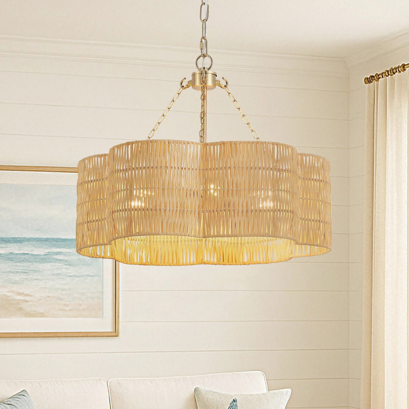 20" 6-Light Scalloped Rattan Drum Chandelier, 1 Tier