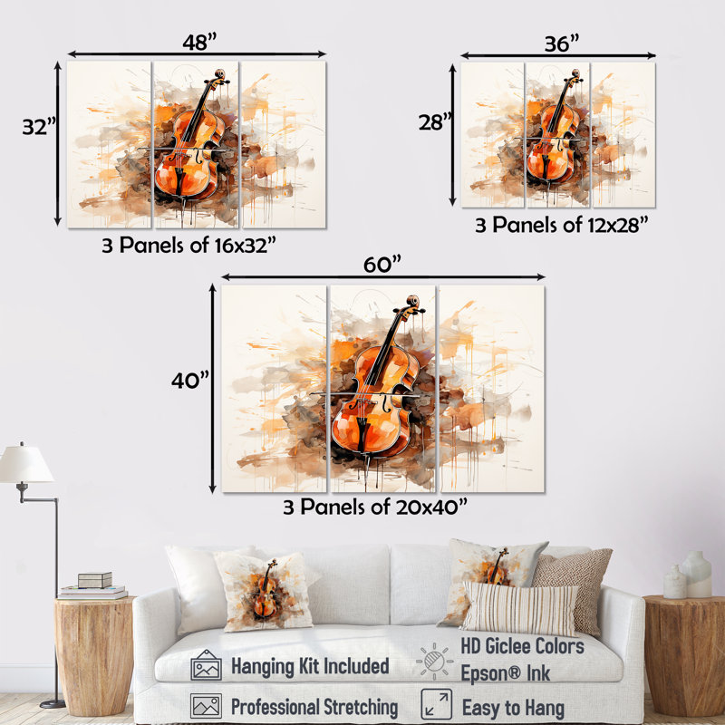 Cello Contour Rich Brown II - Music Wall Art Print Set, 32" H x 48" W x 1" D