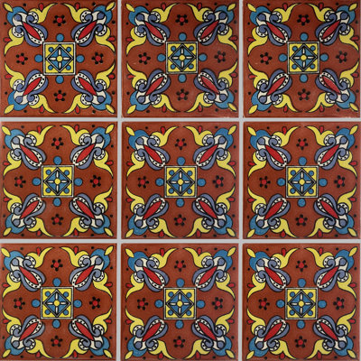 4.2" x 4.2" 9pcs TalaMex Terracotta Oasis Mexican Clay Tile Handmade Talavera Backsplash Mosaic